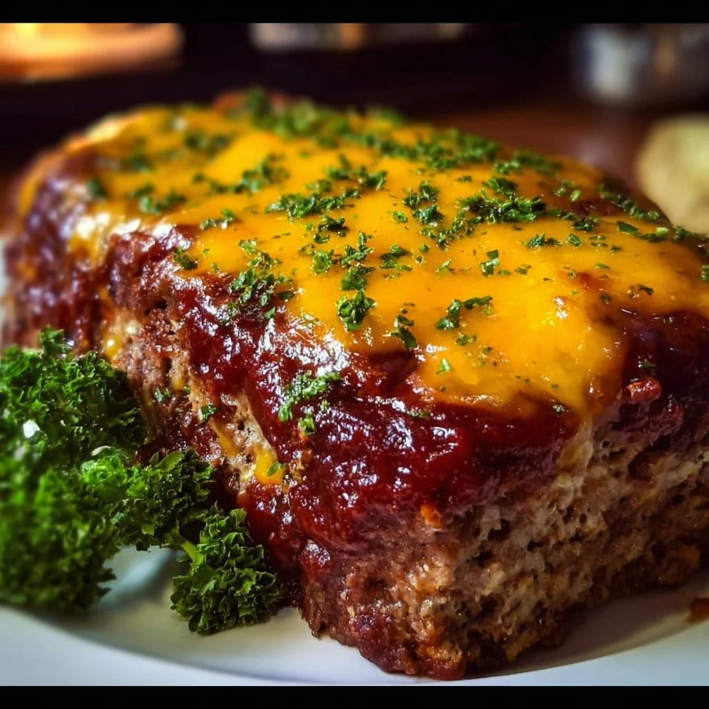 BBQ Cheddar Meatloaf with melted cheese and BBQ sauce