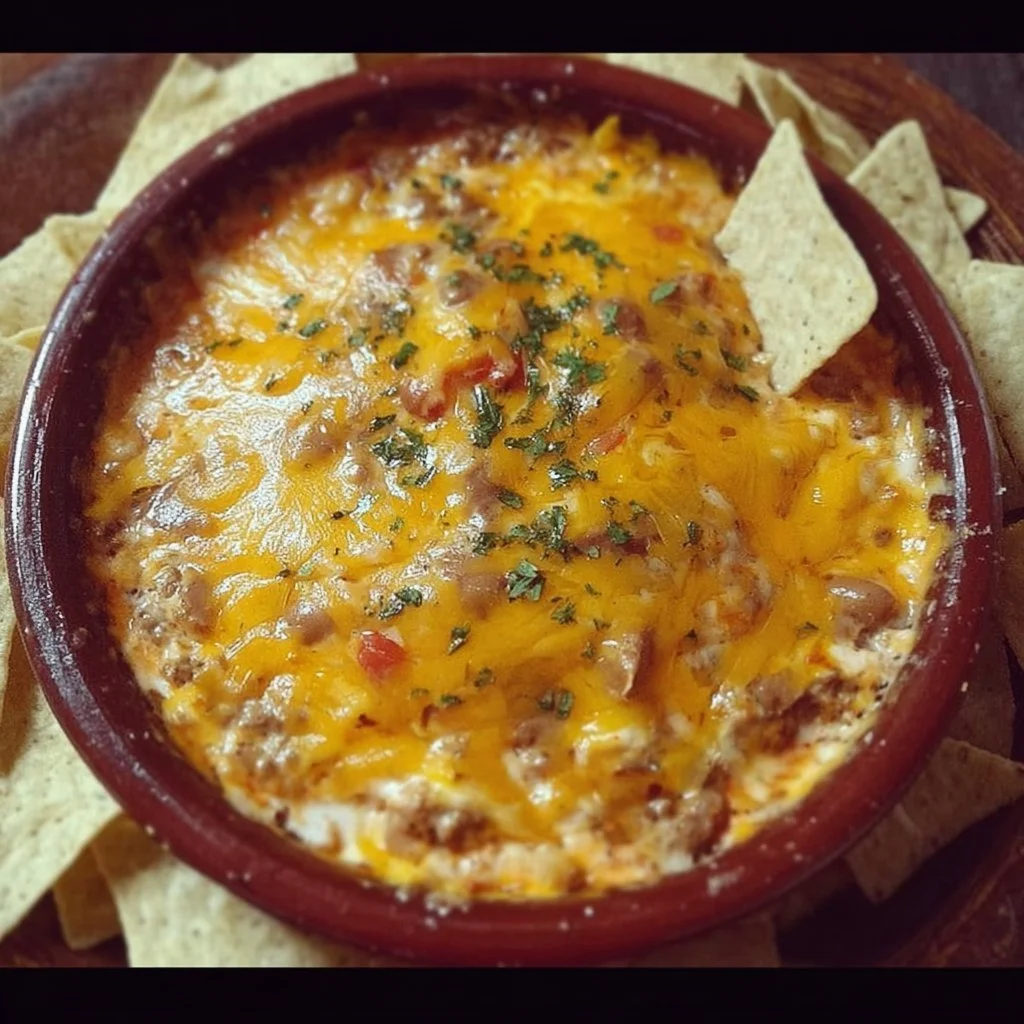 Delicious cheesy bean dip served in a bowl with tortilla chips on the side