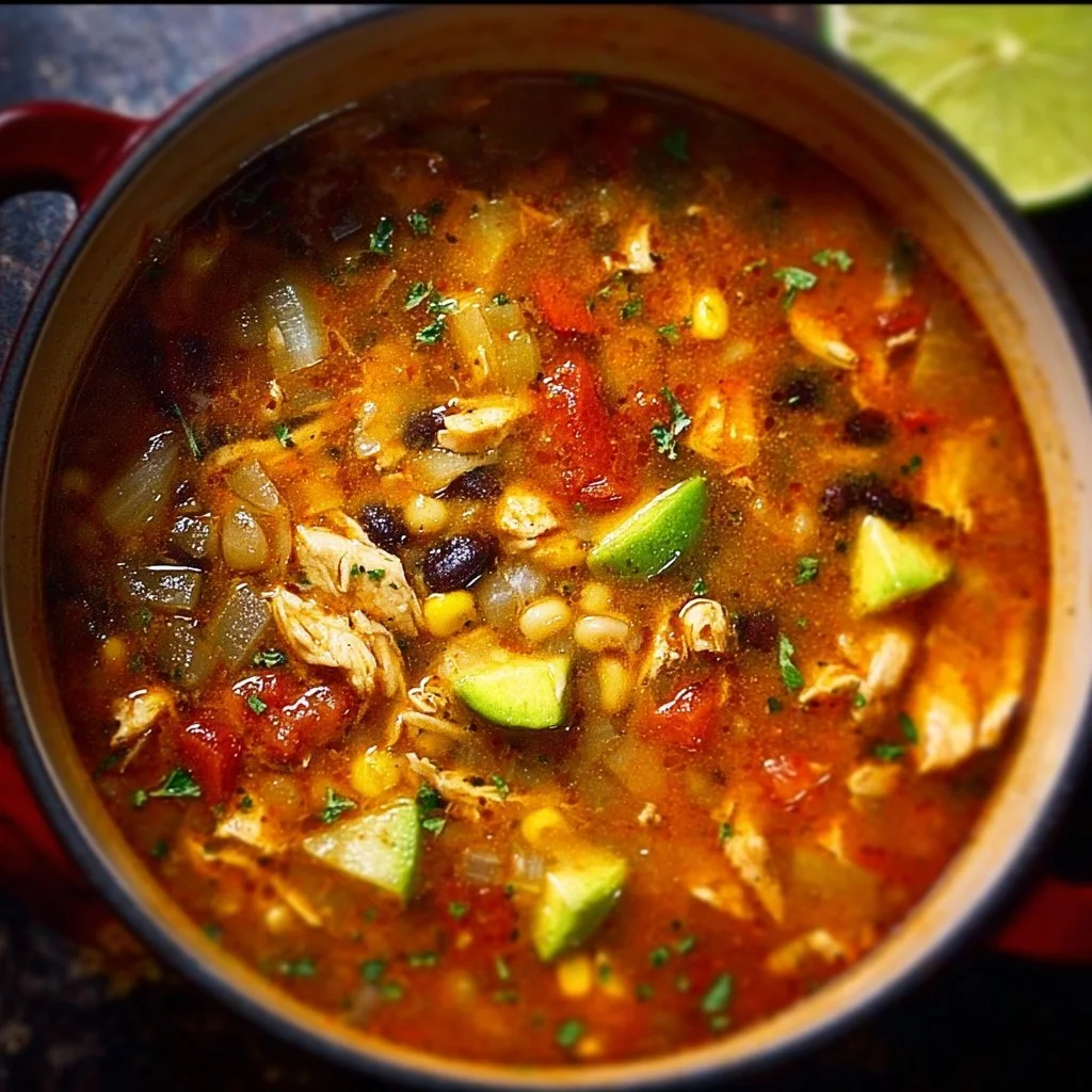 Bowl of flavorful Chicken Taco Soup topped with avocado and cilantro