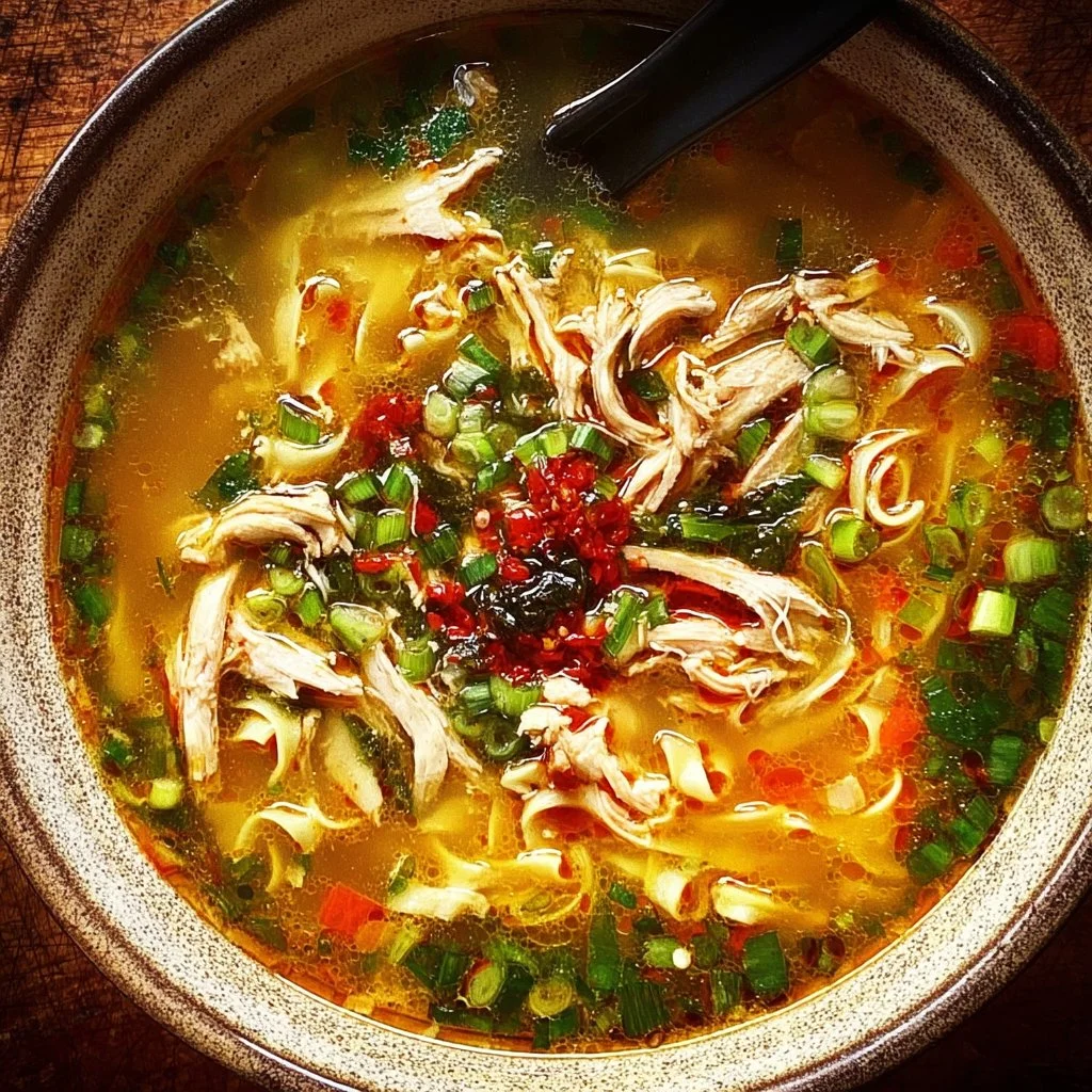 Bowl of classic ginger garlic chicken noodle soup garnished with fresh herbs