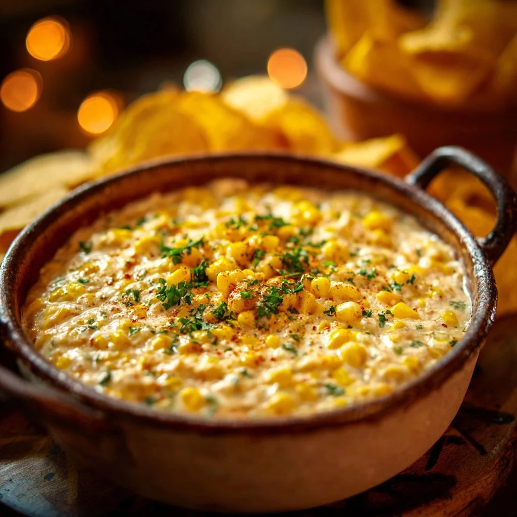 Delicious Corn Dip served in a bowl with tortilla chips for dipping.