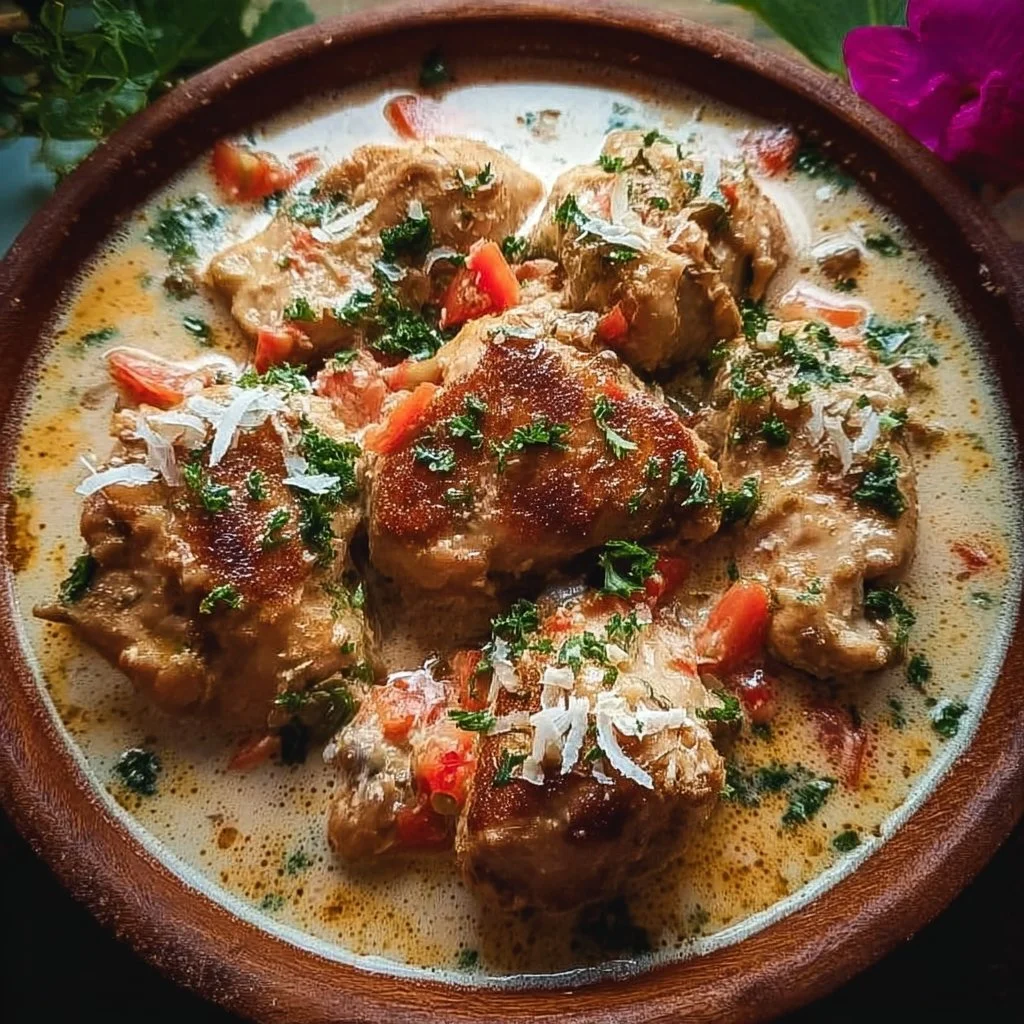 Creamy coconut milk chicken served in a bowl with spices and herbs.