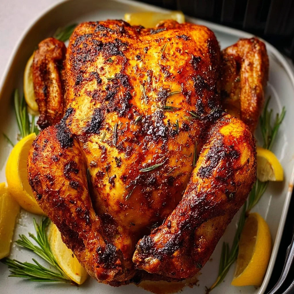 Easy recipe for a whole chicken cooked in an air fryer.