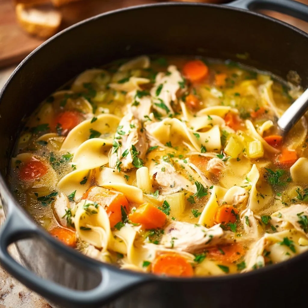 Bowl of easy chicken noodle soup with vegetables and noodles