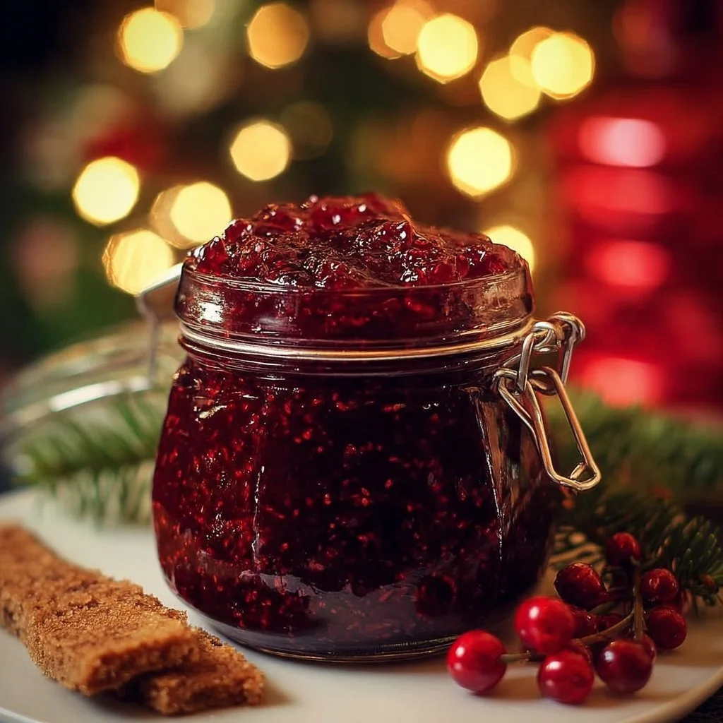 Homemade Christmas jam in a jar with seasonal decorations