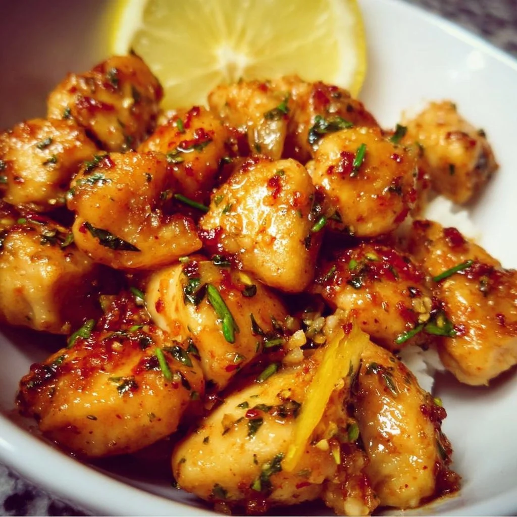 Delicious Lemon Garlic Chicken Bites served on a platter