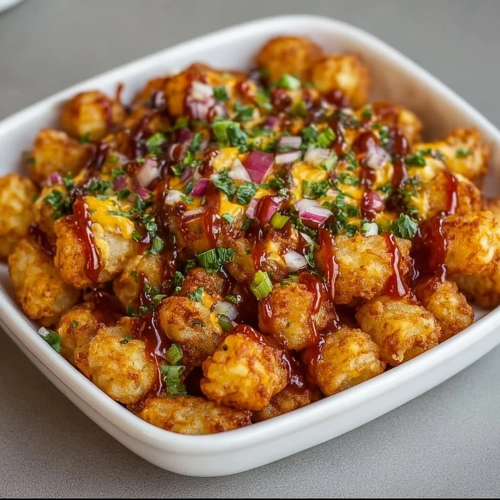 Delicious loaded tater tots topped with cheese, bacon, and green onions