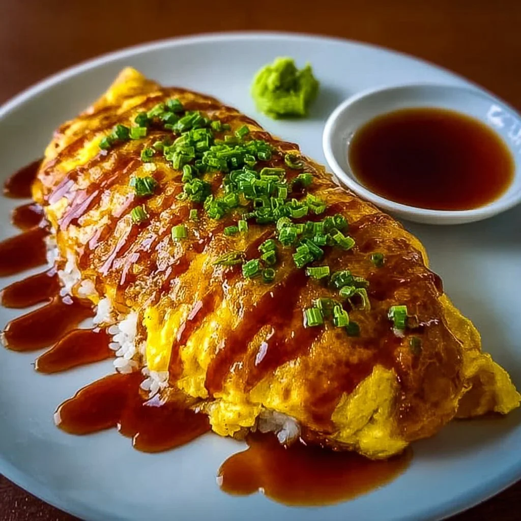 Omurice 1 Plate of Omurice featuring fluffy omelet and savory rice, garnished for presentation.