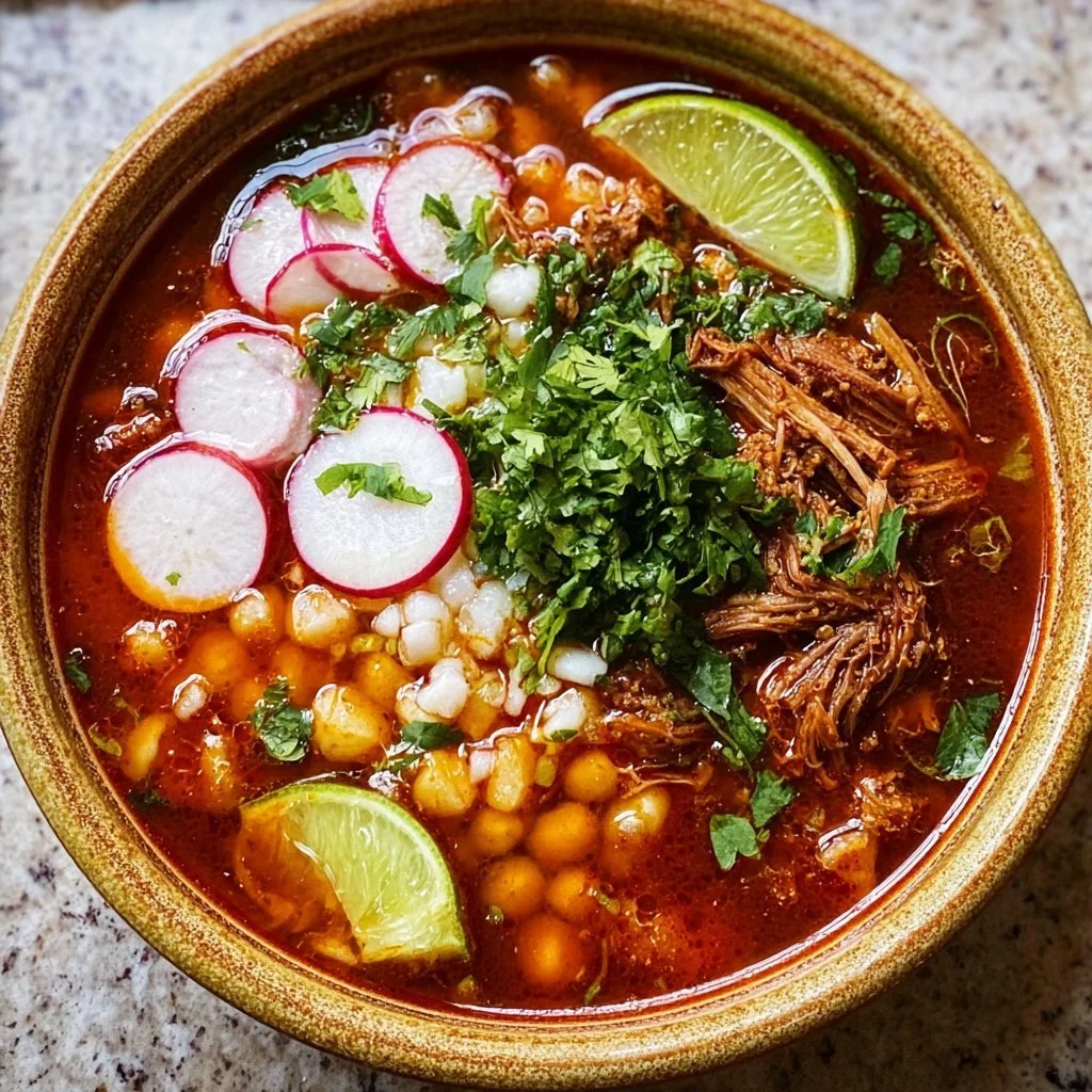 A bowl of delicious pozole soup garnished with radishes and cilantro.