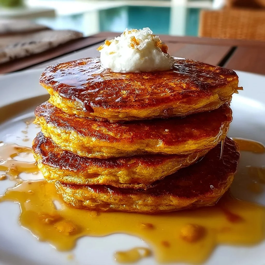 Delicious pumpkin pancakes topped with syrup and whipped cream