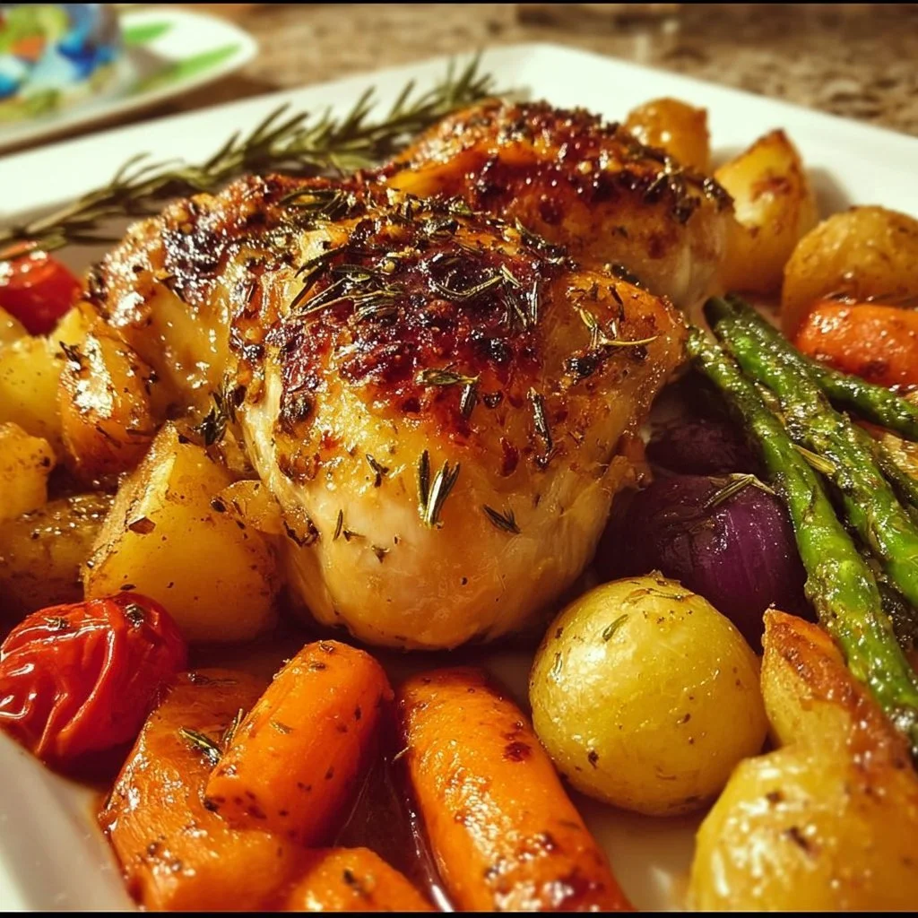 Delicious roasted garlic chicken served with colorful mixed vegetables.