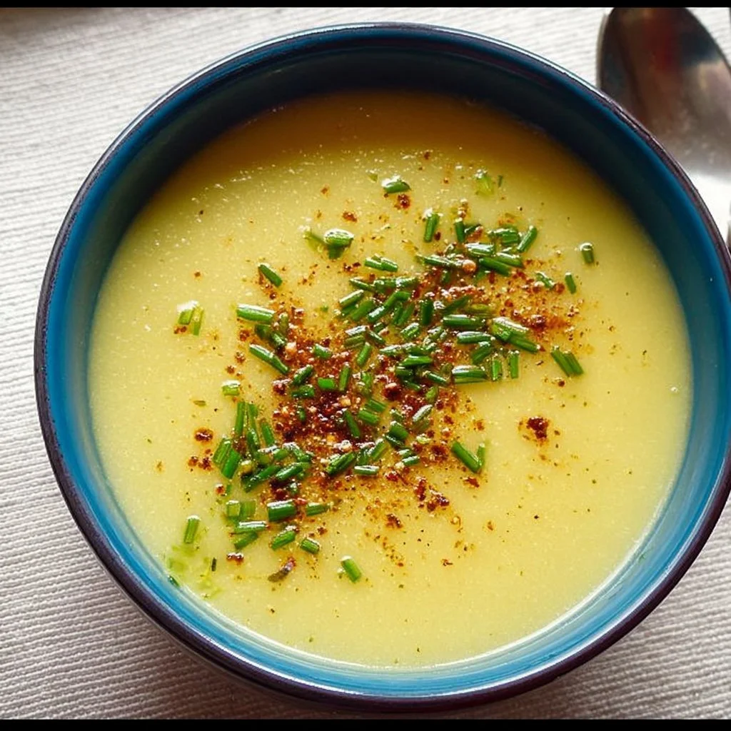Bowl of creamy potato leek soup with fresh herbs garnished on top