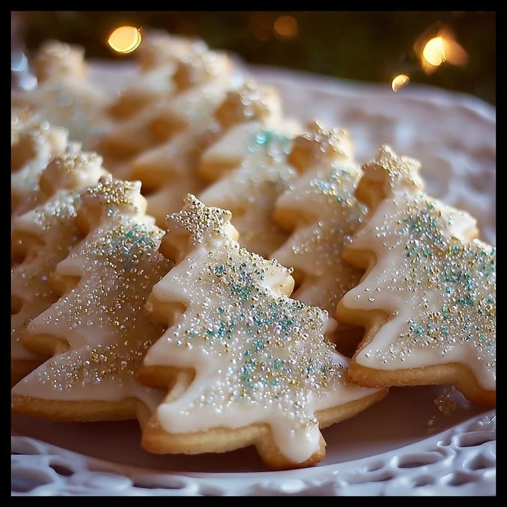Sparkling Sugar Tree Cookies arranged on a festive plate.