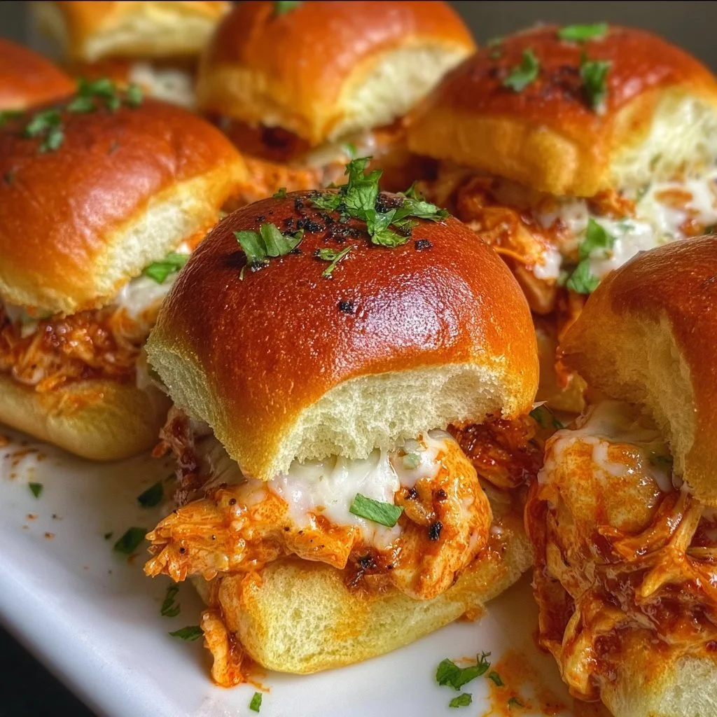 Delicious spicy Buffalo chicken sliders served on a platter