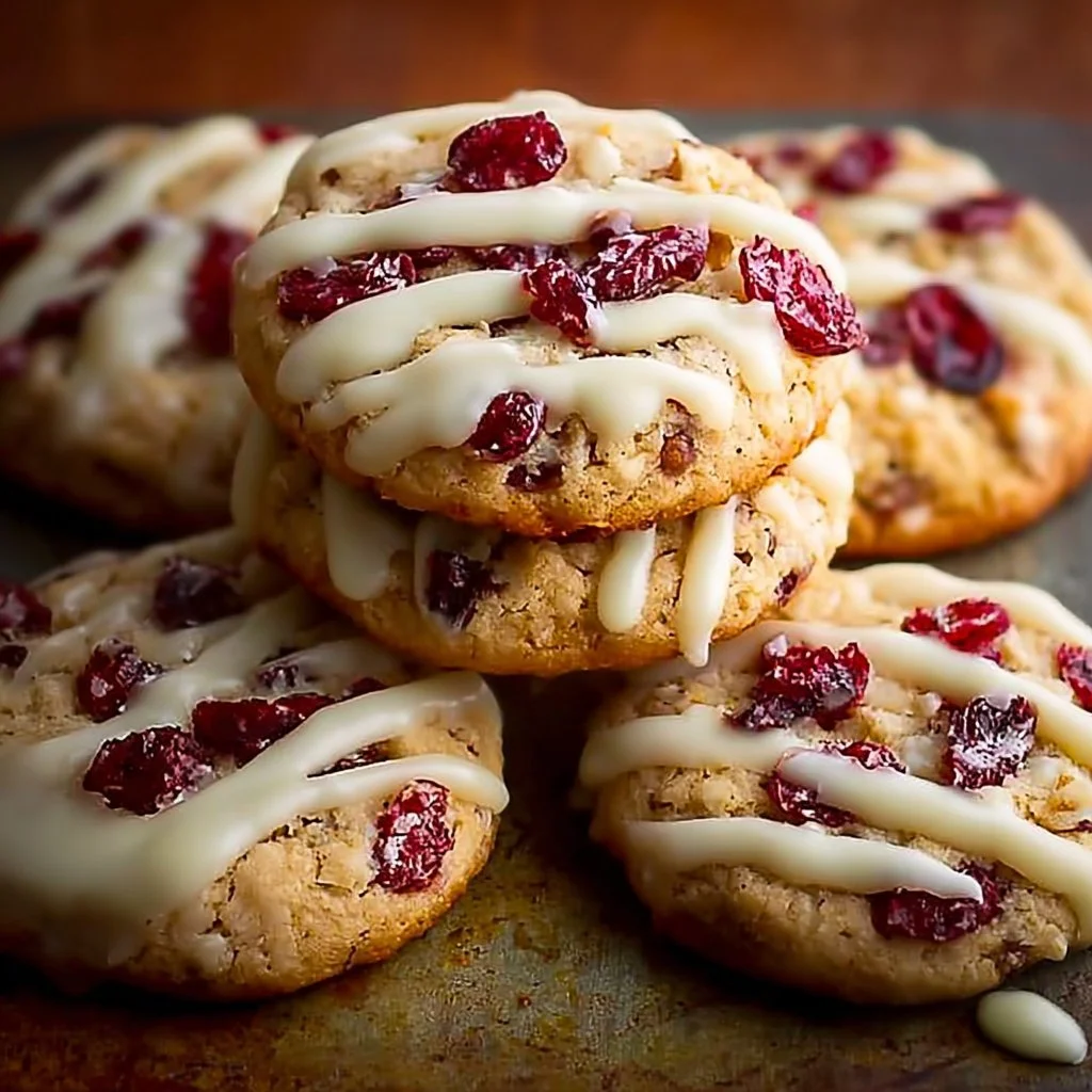 Delicious homemade cranberry bliss cookies with dried cranberries and icing.