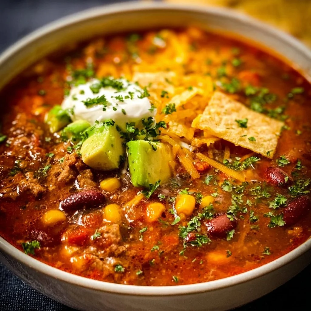 Bowl of hearty Taco Soup garnished with cilantro and avocado