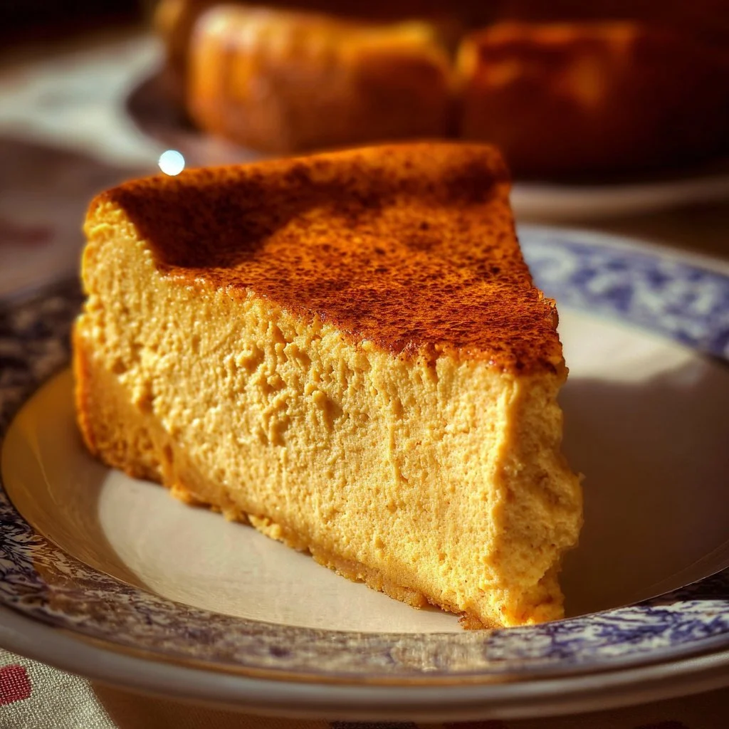 Slice of traditional pumpkin cheesecake with whipped cream and spices
