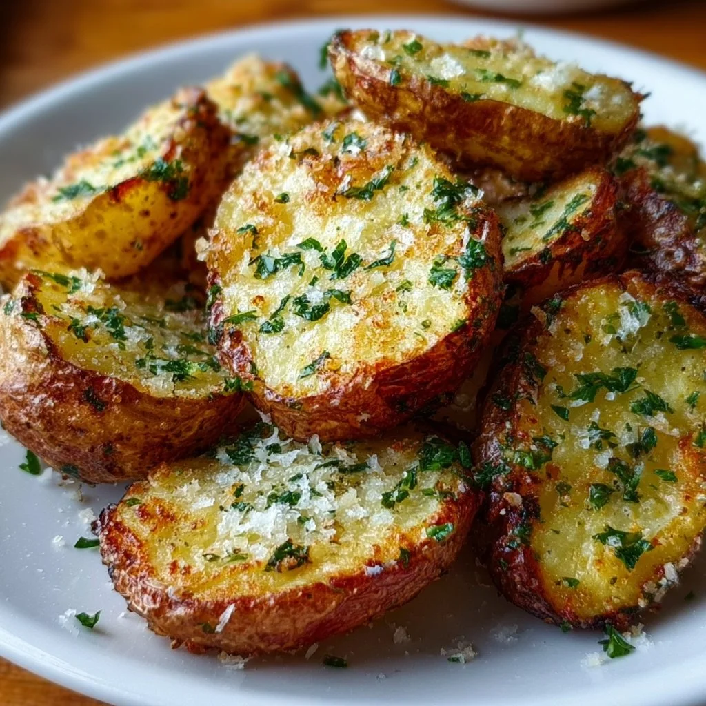 Air fryer garlic parmesan potatoes served in a bowl