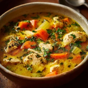 Bowl of creamy chicken soup with fresh herbs and vegetables