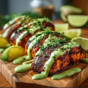Baked Cajun Salmon with Avocado Lime Sauce on a plate garnished with lime