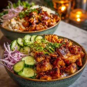 Delicious Bang Bang Chicken Bowl served in a stylish dish with fresh veggies and sauce.