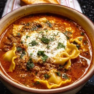 A delicious bowl of one-pot lasagna soup with cheese and herbs