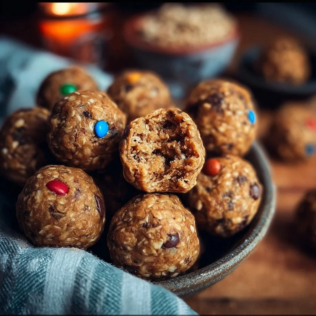 Delicious monster cookie protein balls loaded with oats, chocolate, and peanut butter