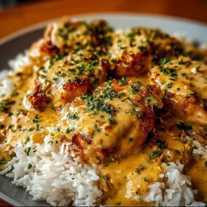 Plate of best smothered chicken served with rice and gravy