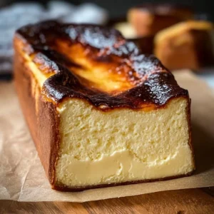 Delicious burnt Basque cheesecake baked in a loaf pan, showcasing caramelized top