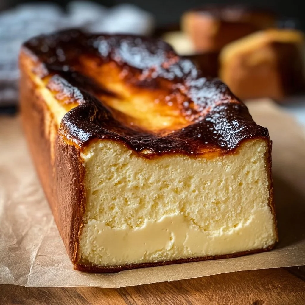 Delicious burnt Basque cheesecake baked in a loaf pan, showcasing caramelized top