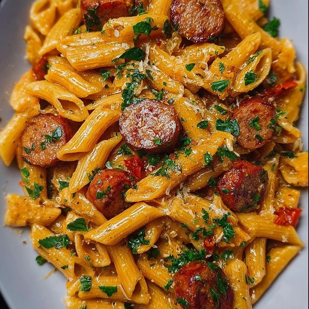 Delicious Cajun Sausage Pasta topped with herbs and spices in a bowl