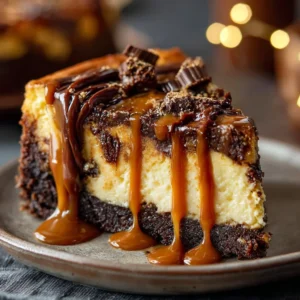 Caramel Brownie Cheesecake with a drizzle of caramel sauce