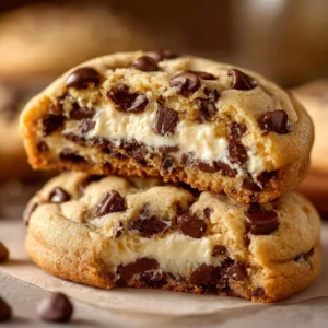Cheesecake stuffed chocolate chip cookies with creamy filling