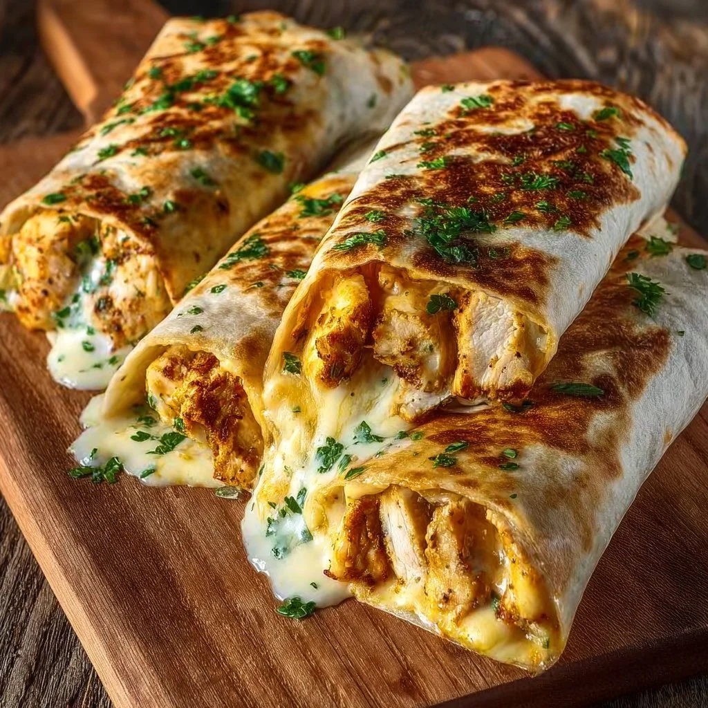 Cheesy garlic chicken wraps with fresh ingredients and melted cheese
