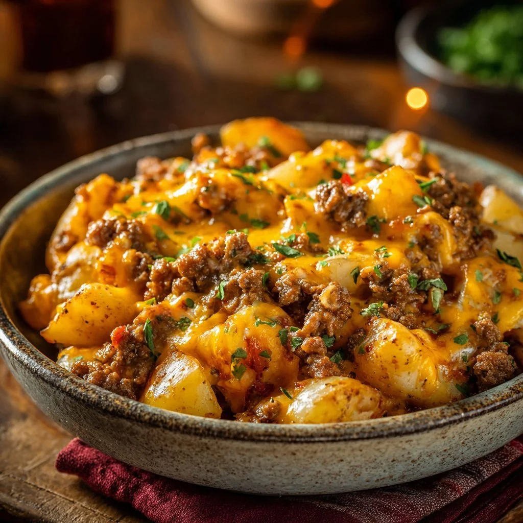 Cheesy Ground Beef & Potato Casserole 1 Cheesy ground beef and potato casserole baked to perfection.