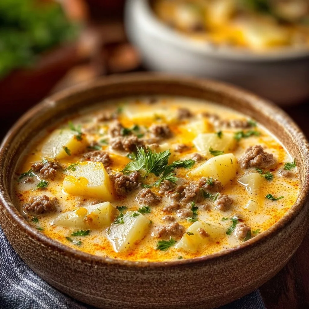 Cheesy hamburger potato soup garnished with herbs in a bowl