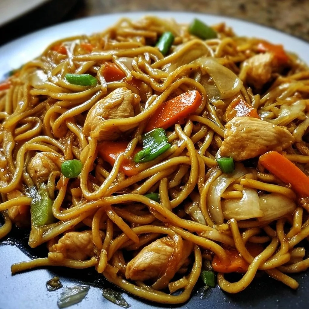 Delicious Chicken Lo Mein with stir-fried noodles and vegetables