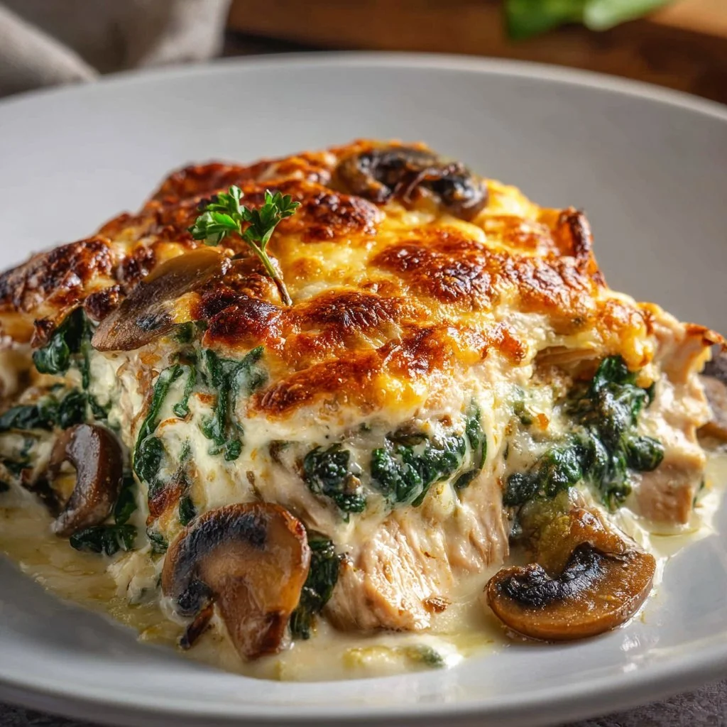 Low carb oven dish of chicken, spinach, and mushrooms baked to perfection.