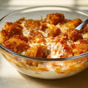 Cottage Cheese Chicken Parmesan Bowl 3 Cottage Cheese Chicken Parmesan Bowl topped with cheese and herbs