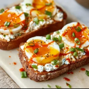 Cottage Cheese Egg & Sriracha Toast 3 Cottage Cheese Toast with eggs and sriracha garnished on a plate