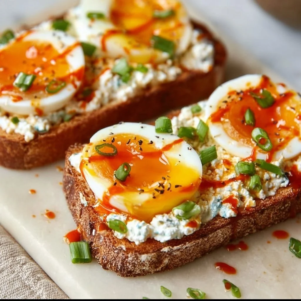Cottage Cheese Toast with eggs and sriracha garnished on a plate