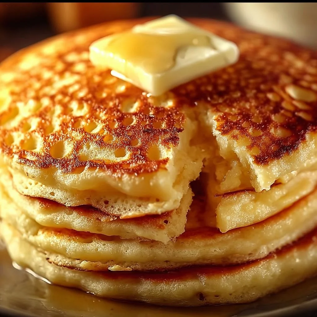 Stack of fluffy cottage cheese pancakes served with syrup and fruit
