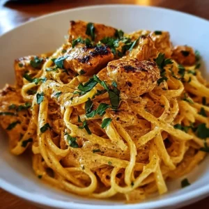 Delicious Cowboy Butter Chicken Linguine served in a bowl with fresh herbs