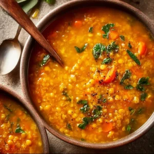 Bowl of cozy anti-inflammatory lentil soup with fresh herbs and spices