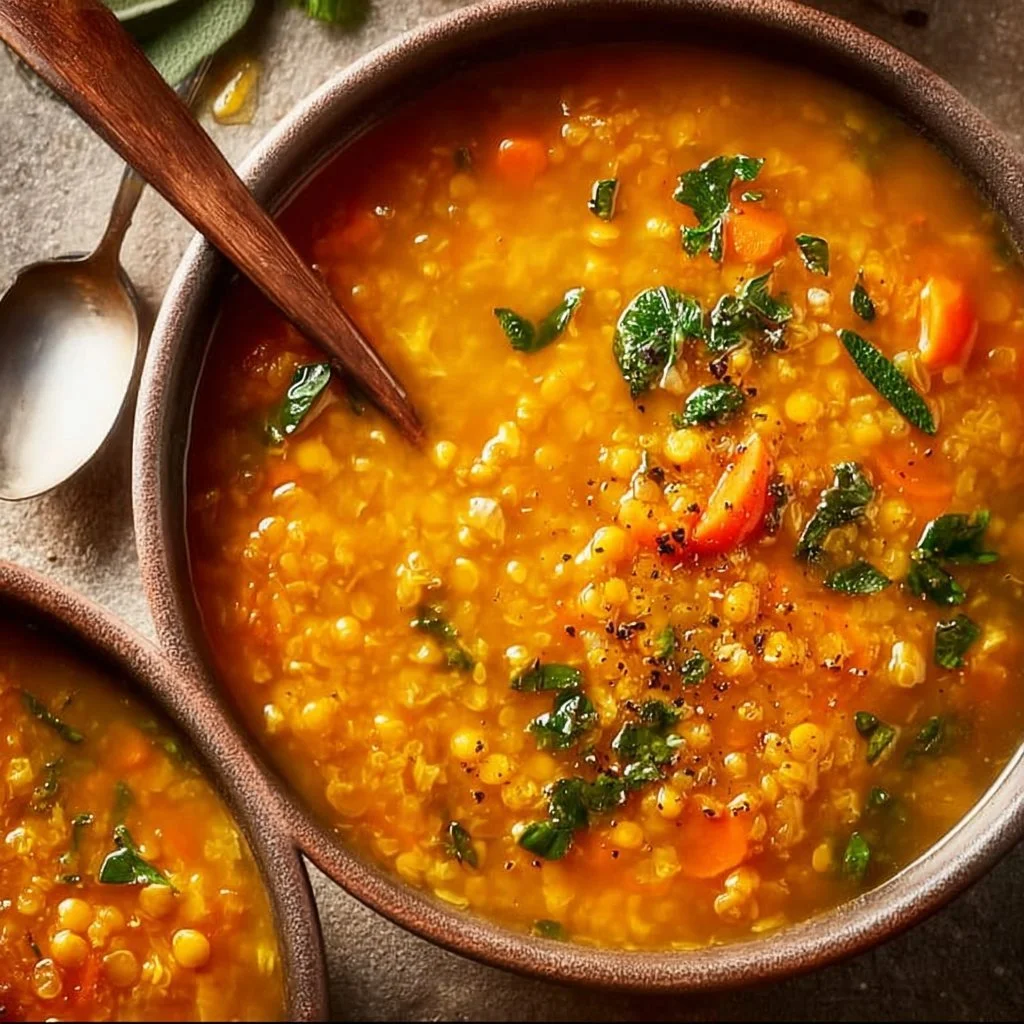 Bowl of cozy anti-inflammatory lentil soup with fresh herbs and spices
