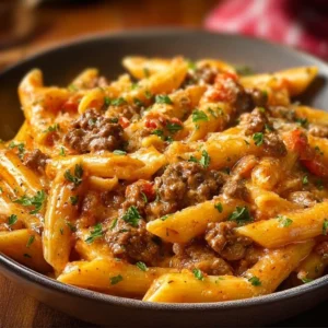 Creamy beef pasta dish topped with herbs and served in a bowl.