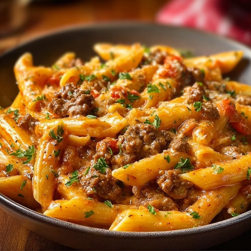 Creamy beef pasta dish topped with herbs and served in a bowl.