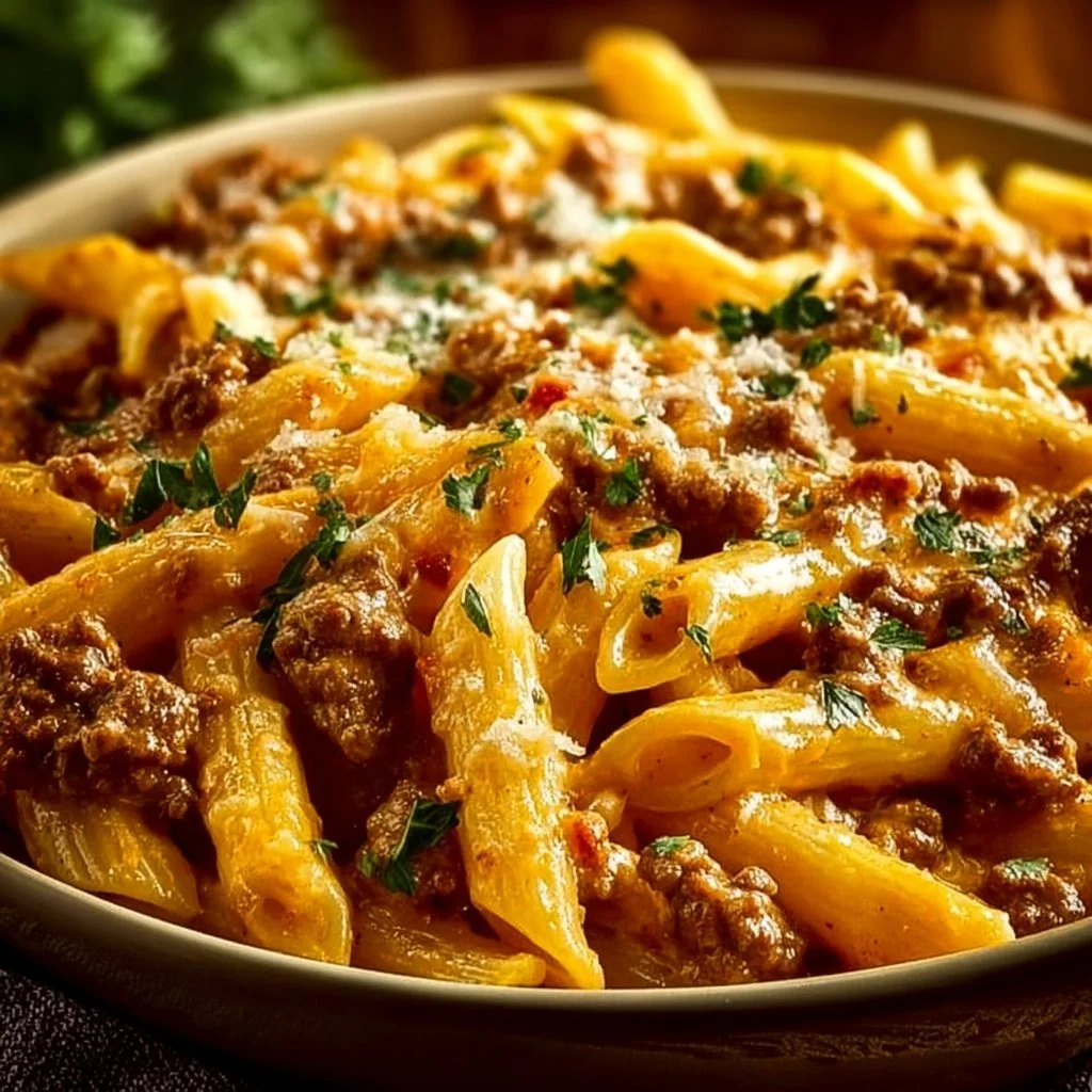 Creamy high-protein beef pasta dish with rich sauce and pasta