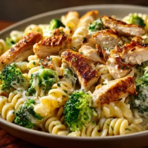 Creamy rotisserie chicken pasta with broccoli in a bowl