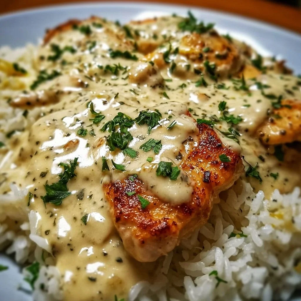 Creamy smothered chicken served over rice for a delicious meal